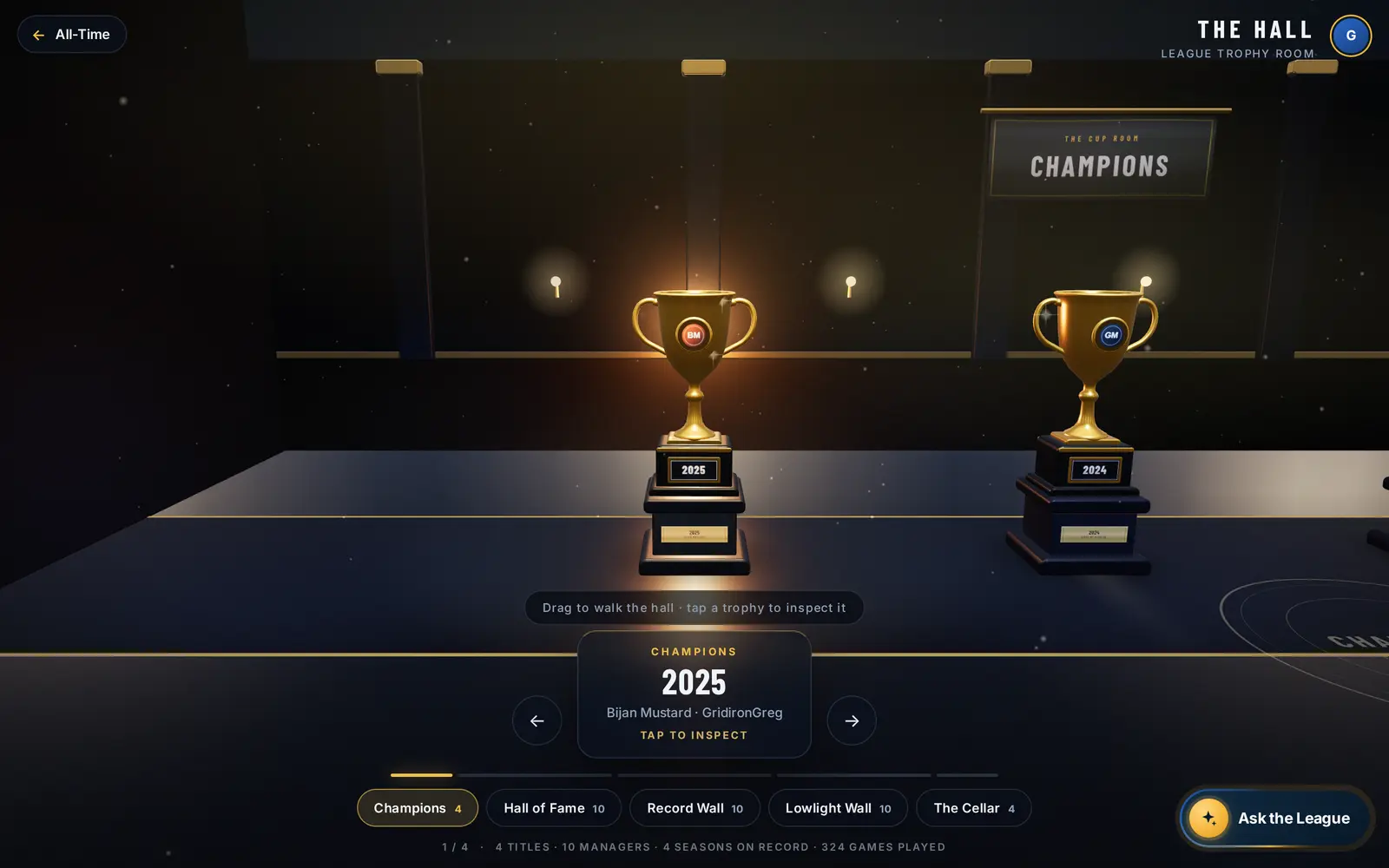 The 3D trophy hall: championship cups on pedestals
